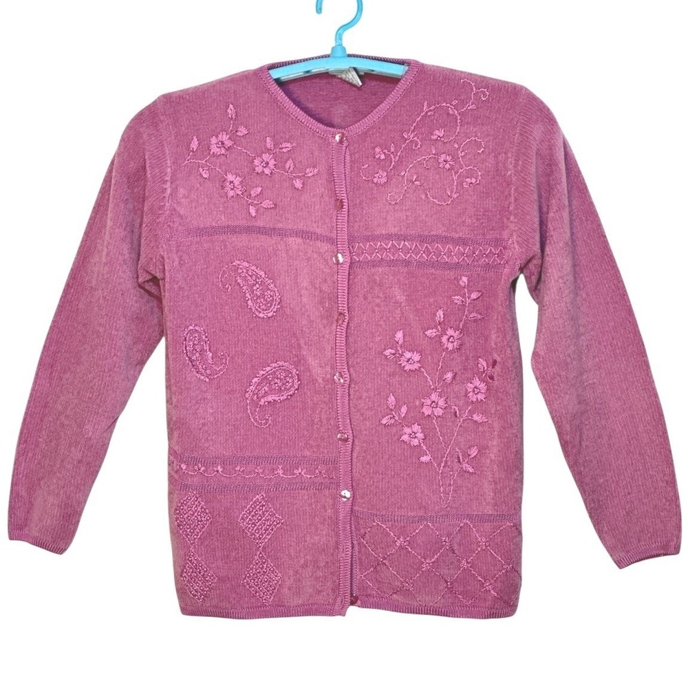 Littleton Cardigan Women Pink Embroidery Beads Chenille Floral Fall Layeringl M